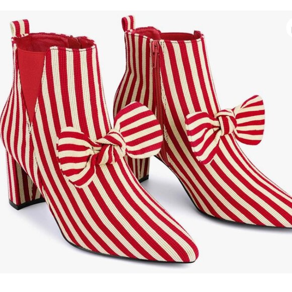 Bow Stripe Pointed Toe Chunky Heels - Picture 2 of 7